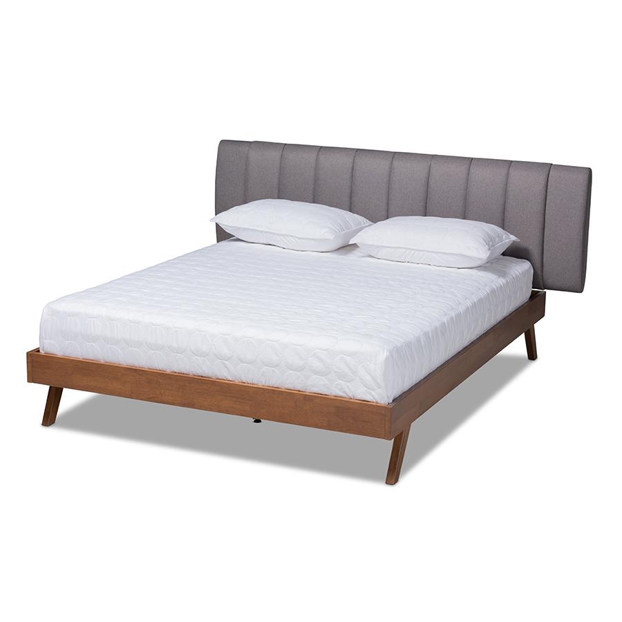 Baxton Studio Brita Mid-Century Modern Grey Fabric Upholstered Walnut Finished Wood King Size Bed. Picture 2
