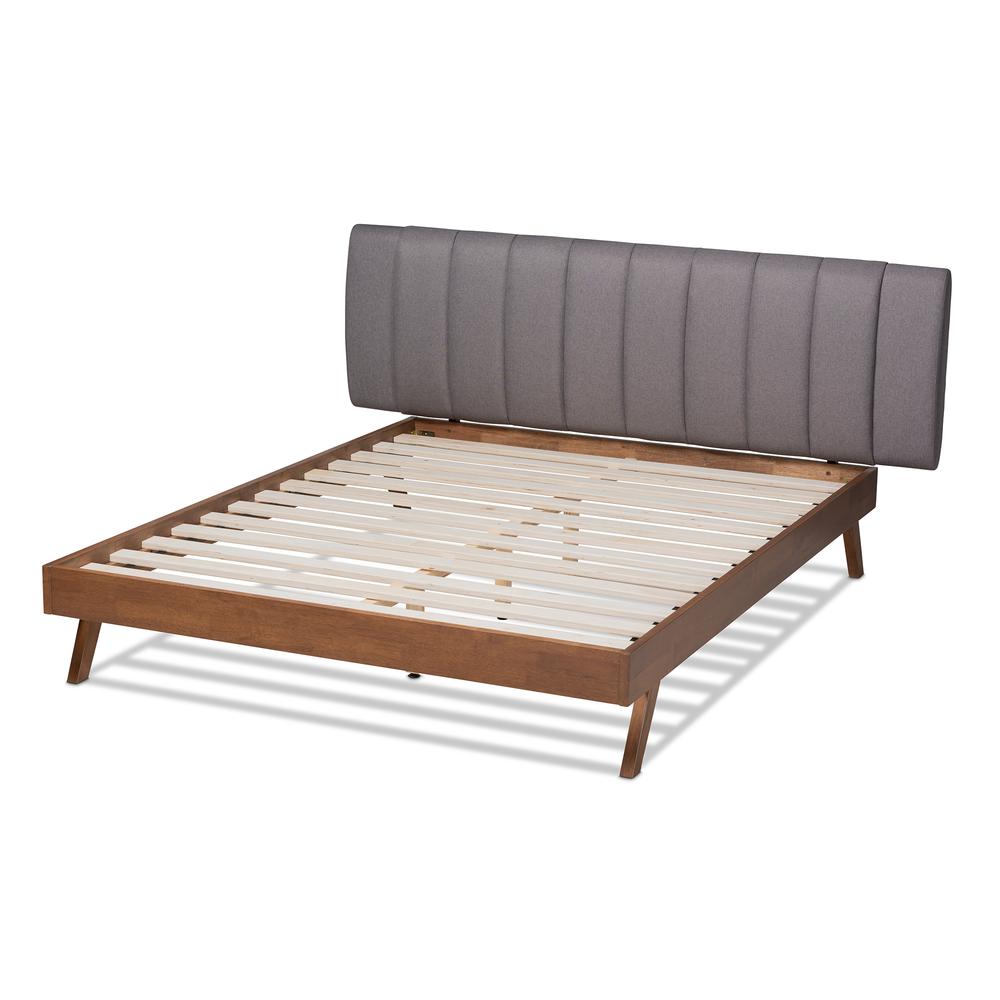 Baxton Studio Brita Mid-Century Modern Grey Fabric Upholstered Walnut Finished Wood King Size Bed. Picture 4