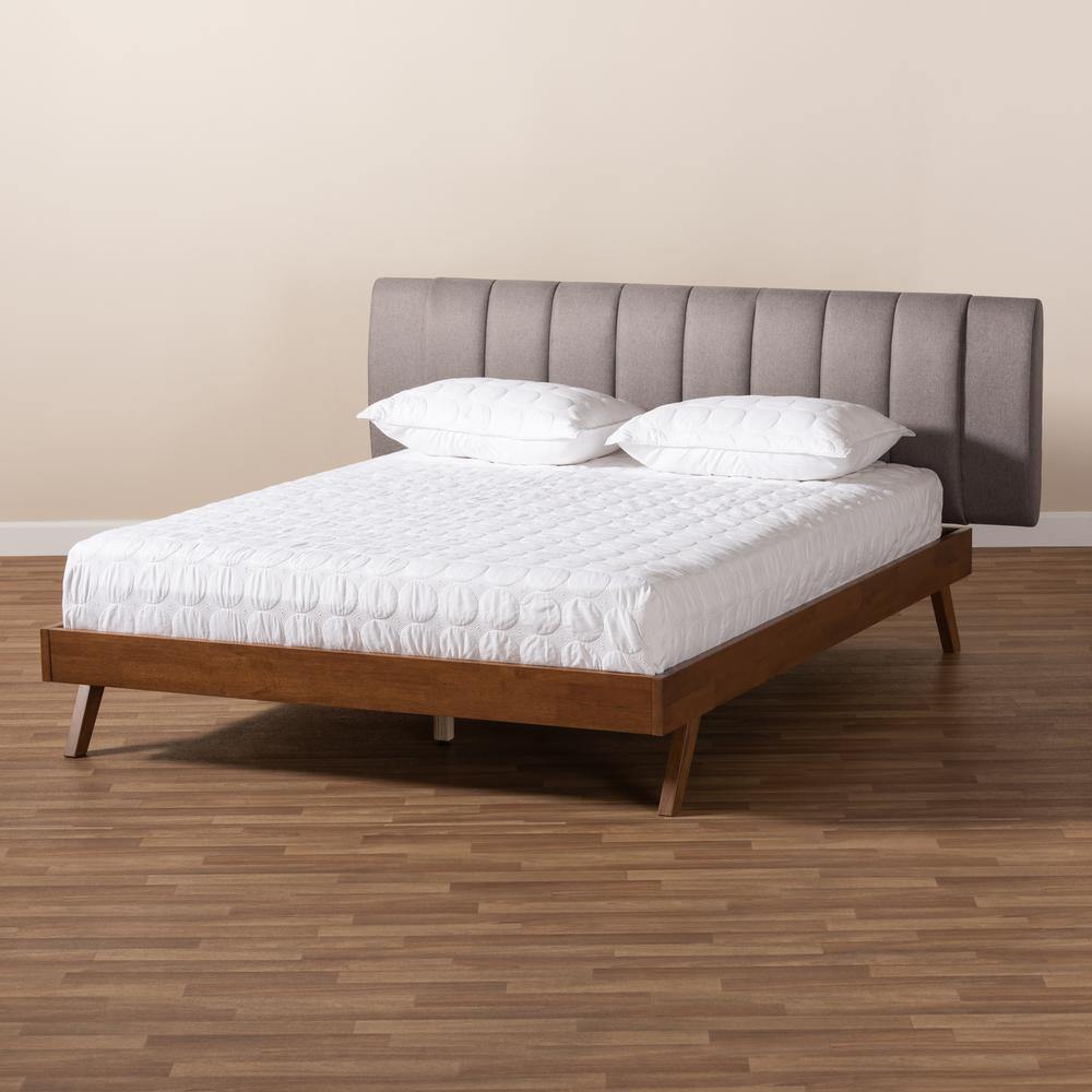 Baxton Studio Brita Mid-Century Modern Grey Fabric Upholstered Walnut Finished Wood King Size Bed. Picture 8