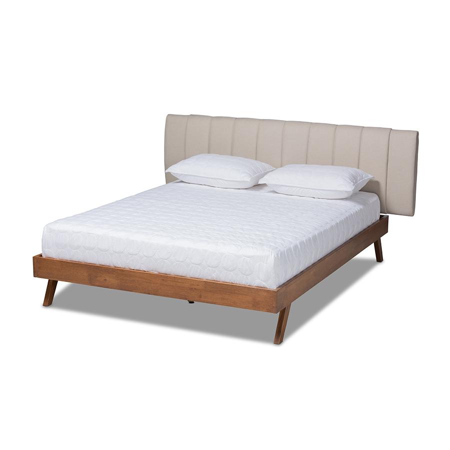Baxton Studio Brita Mid-Century Modern Light Beige Fabric Upholstered Walnut Finished Wood King Size Bed. Picture 2