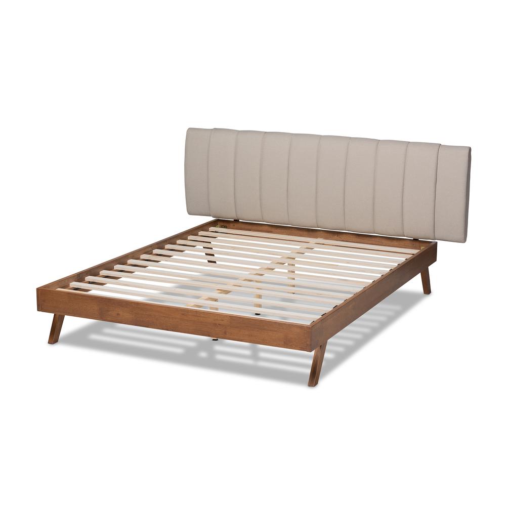 Baxton Studio Brita Mid-Century Modern Light Beige Fabric Upholstered Walnut Finished Wood King Size Bed. Picture 4