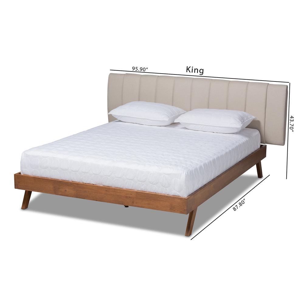 Baxton Studio Brita Mid-Century Modern Light Beige Fabric Upholstered Walnut Finished Wood King Size Bed. Picture 10