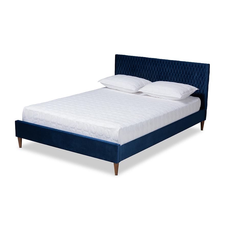 Frida Glam and Luxe Royal Blue Velvet Fabric Upholstered Queen Size Bed. Picture 1