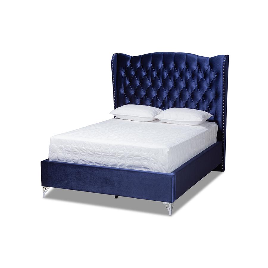 Hanne Glam and Luxe Purple Blue Velvet Fabric Upholstered King Size Wingback Bed. Picture 1