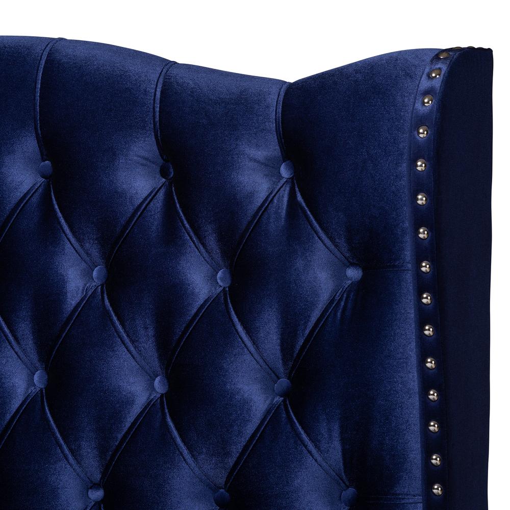 Luxe Purple Blue Velvet Fabric Upholstered Queen Size Wingback Bed. Picture 13