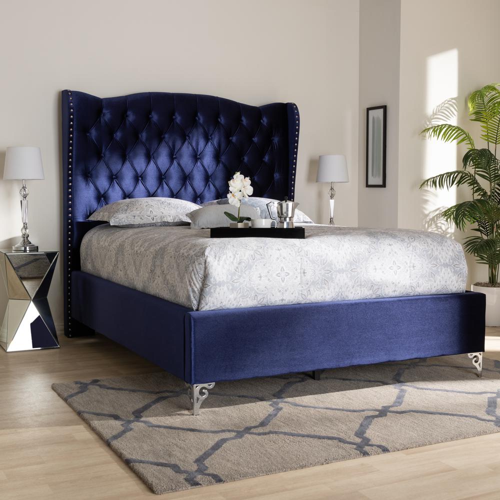 Luxe Purple Blue Velvet Fabric Upholstered Queen Size Wingback Bed. Picture 10