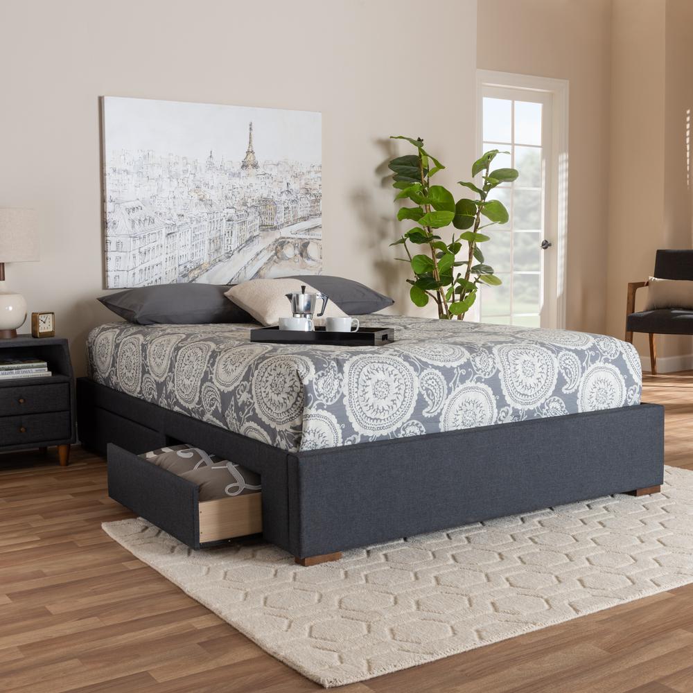 Dark Grey Fabric Upholstered 4-Drawer Queen Size Platform Storage Bed Frame. Picture 11