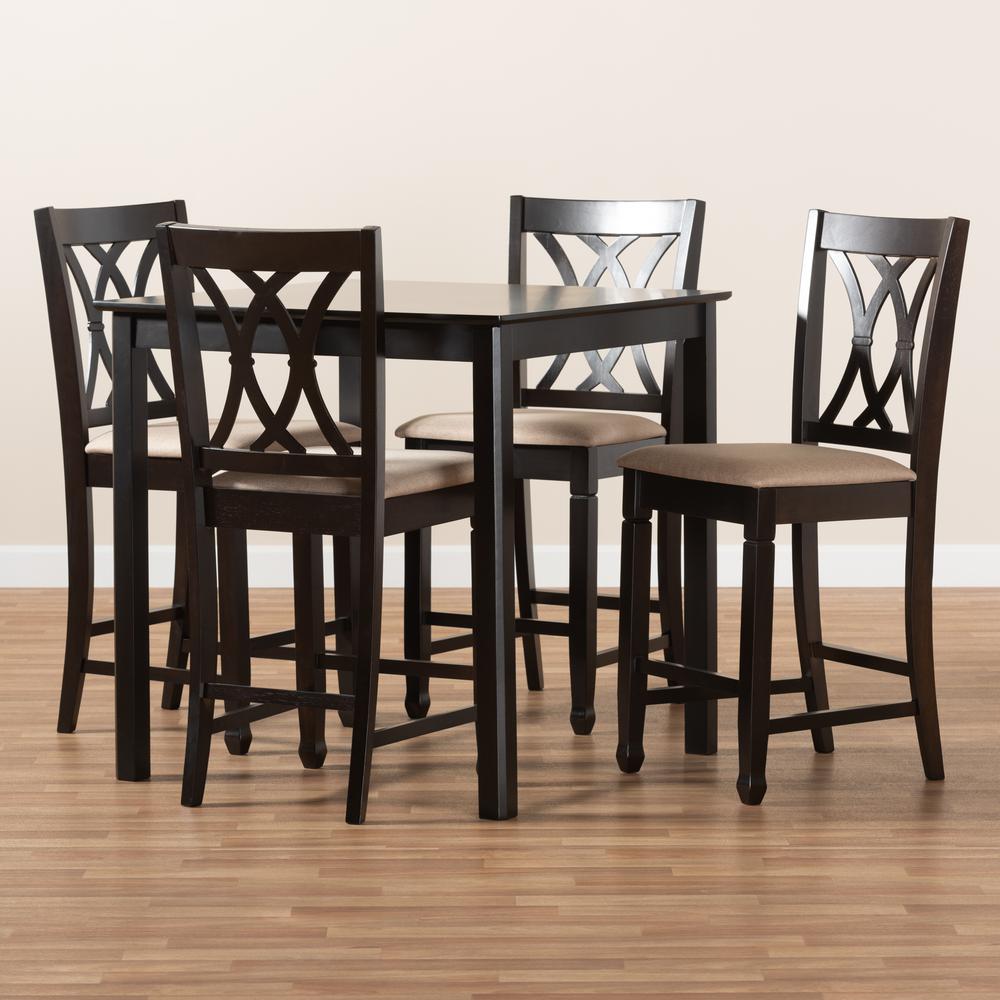 Baxton Studio Reneau Modern and Contemporary Sand Fabric Upholstered Espresso Brown Finished 5-Piece Wood Pub Set. Picture 7
