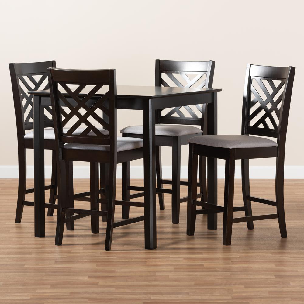 Gray Fabric Upholstered Espresso Brown Finished 5-Piece Wood Pub Set. Picture 8
