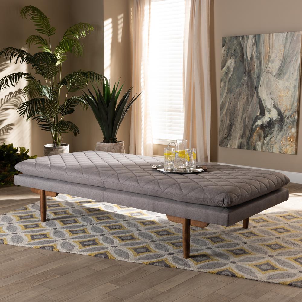 Marit Mid-Century Modern Grey Fabric Upholstered Walnut Finished Wood Daybed. Picture 14