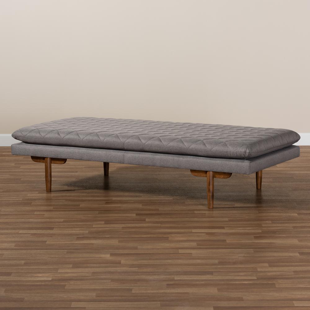 Marit Mid-Century Modern Grey Fabric Upholstered Walnut Finished Wood Daybed. Picture 15