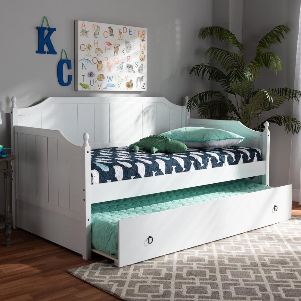 Millie Cottage Farmhouse White Finished Wood Twin Size Daybed with Trundle. Picture 11