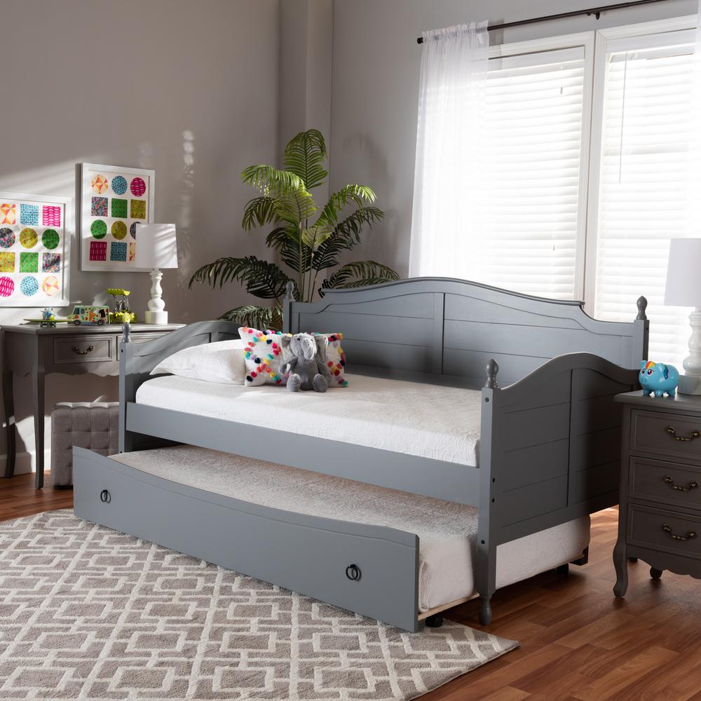 Grey Finished Wood Twin Size Daybed with Roll-Out Trundle Bed. Picture 22