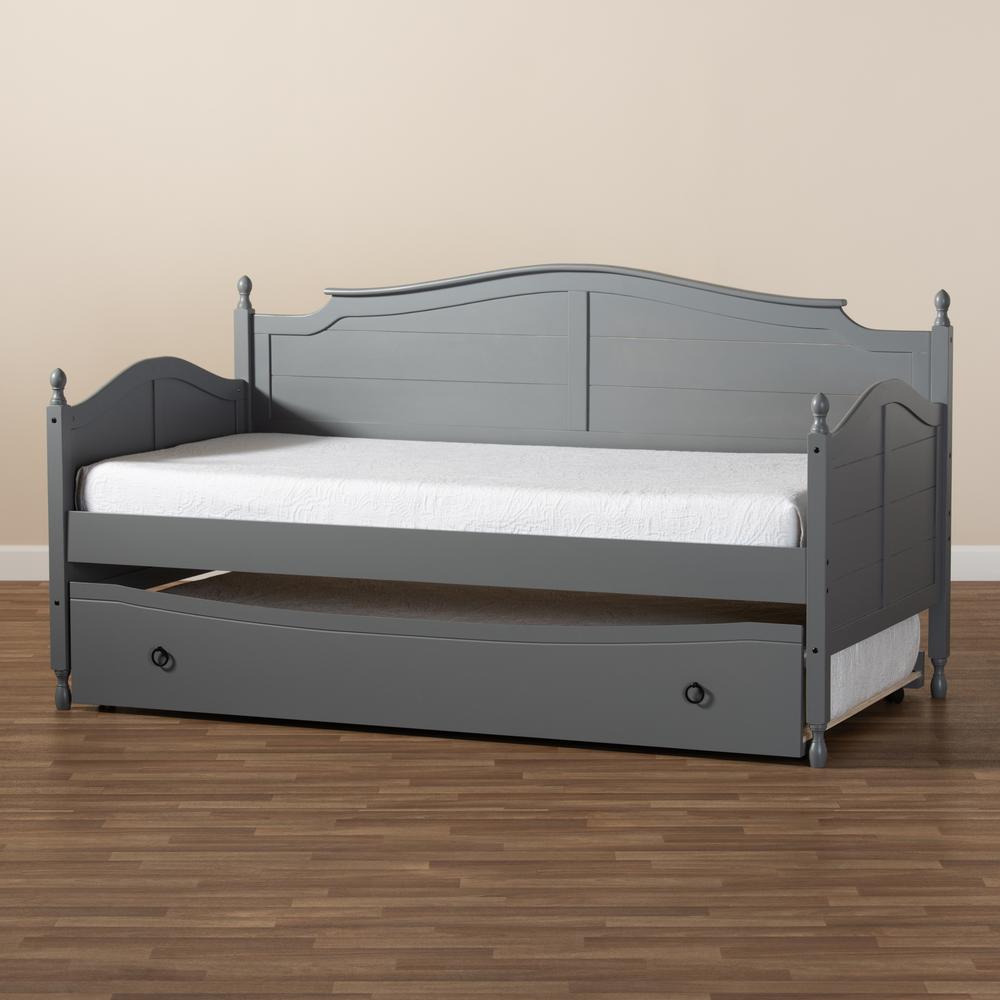 Grey Finished Wood Twin Size Daybed with Roll-Out Trundle Bed. Picture 23