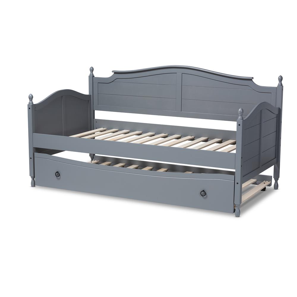 Grey Finished Wood Twin Size Daybed with Roll-Out Trundle Bed. Picture 16