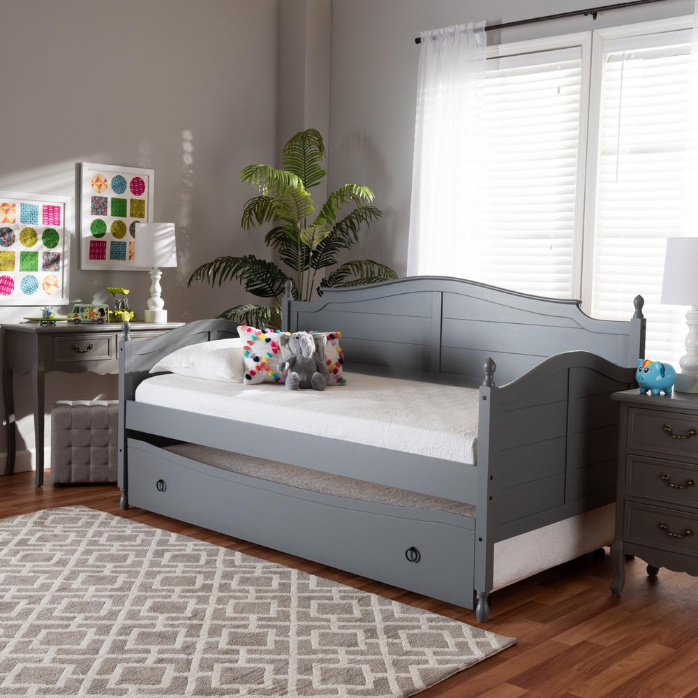 Grey Finished Wood Twin Size Daybed with Roll-Out Trundle Bed. Picture 21