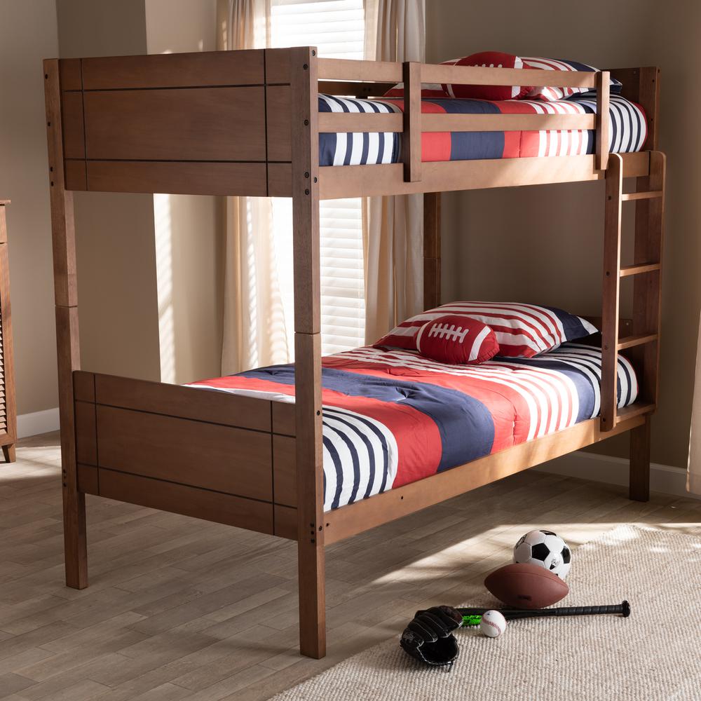 Elsie Modern and Contemporary Walnut Brown Finished Wood Twin Size Bunk Bed. Picture 12