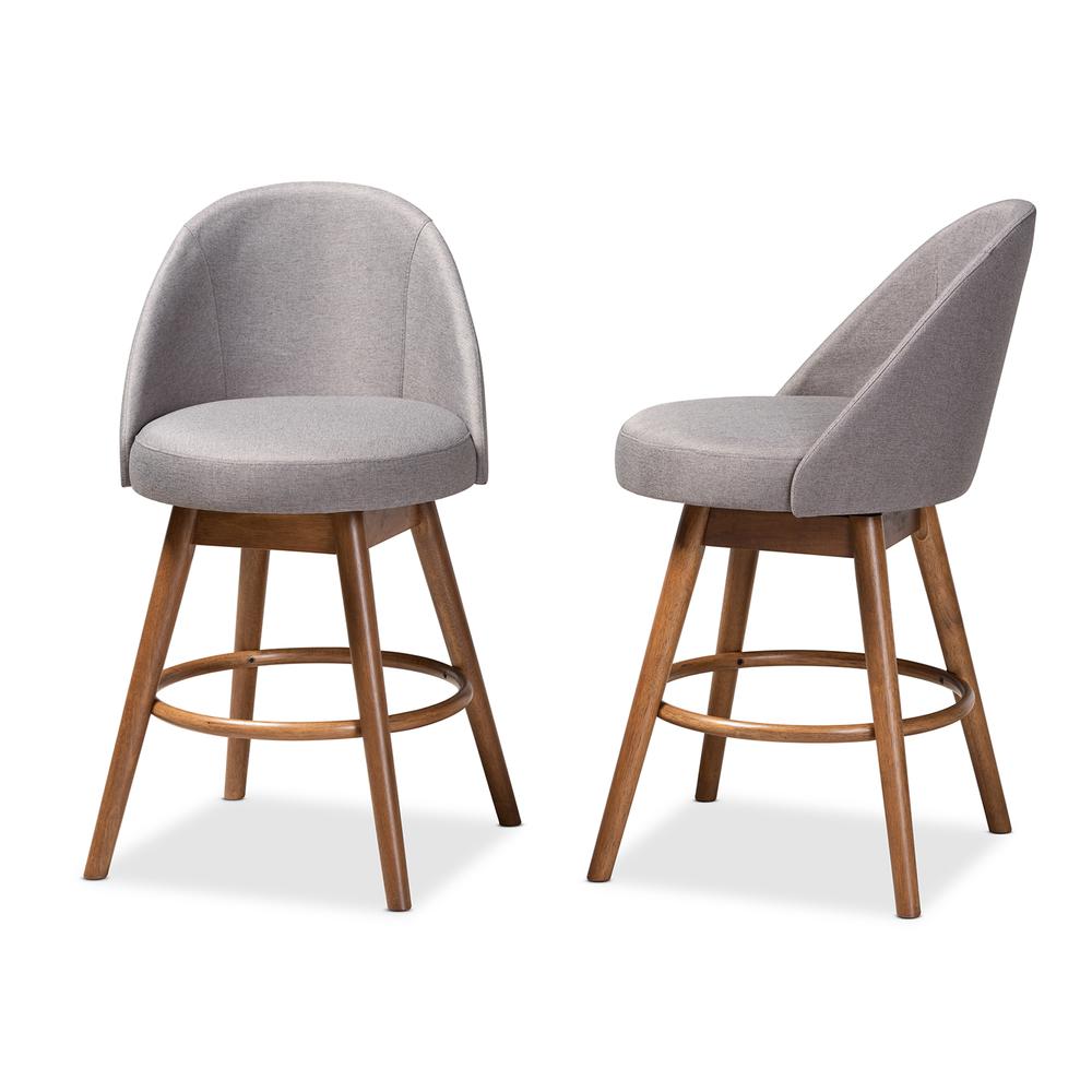 Grey Fabric Upholstered Walnut-Finished Wood Swivel Counter Stool Set of 2. Picture 11