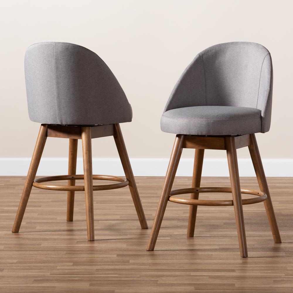 Baxton Studio Carra Mid-Century Modern Grey Fabric Upholstered Walnut-Finished Wood Swivel Counter Stool (Set of 2). Picture 8