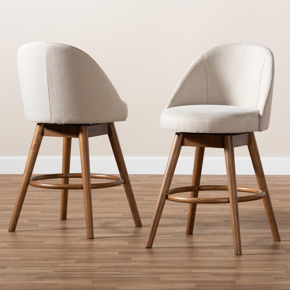 Baxton Studio Carra Mid-Century Modern Light Beige Fabric Upholstered Walnut-Finished Wood Swivel Counter Stool (Set of 2). Picture 8