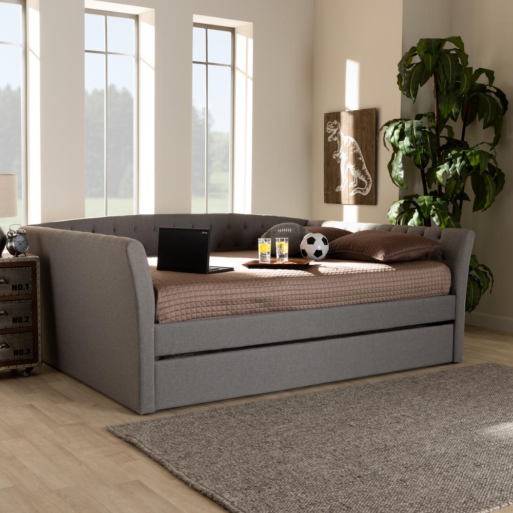 Light Grey Fabric Upholstered Full Size Daybed with Roll-Out Trundle Bed. Picture 18