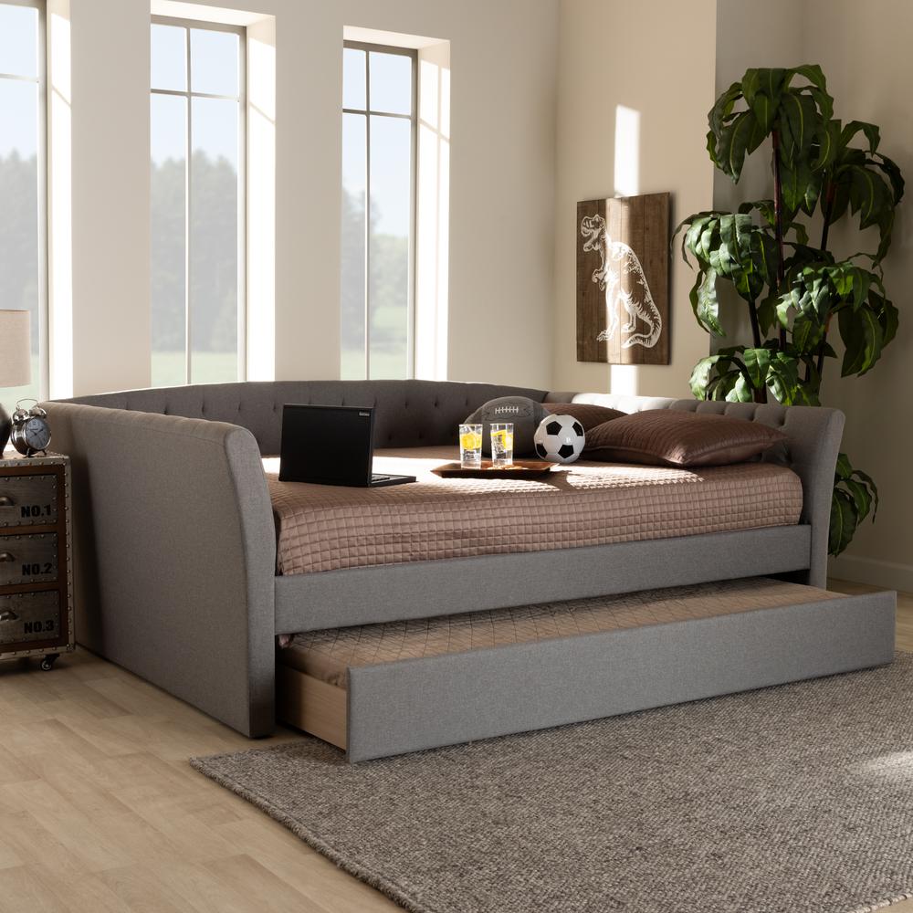 Light Grey Fabric Upholstered Full Size Daybed with Roll-Out Trundle Bed. Picture 19
