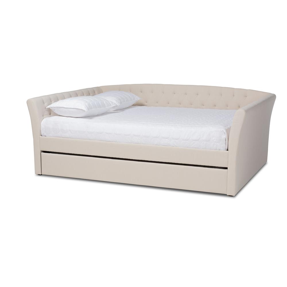 Beige Fabric Upholstered Full Size Daybed with Roll-Out Trundle Bed. Picture 12