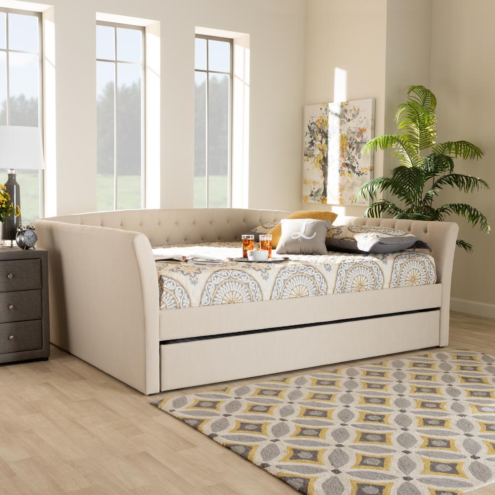 Beige Fabric Upholstered Full Size Daybed with Roll-Out Trundle Bed. Picture 18