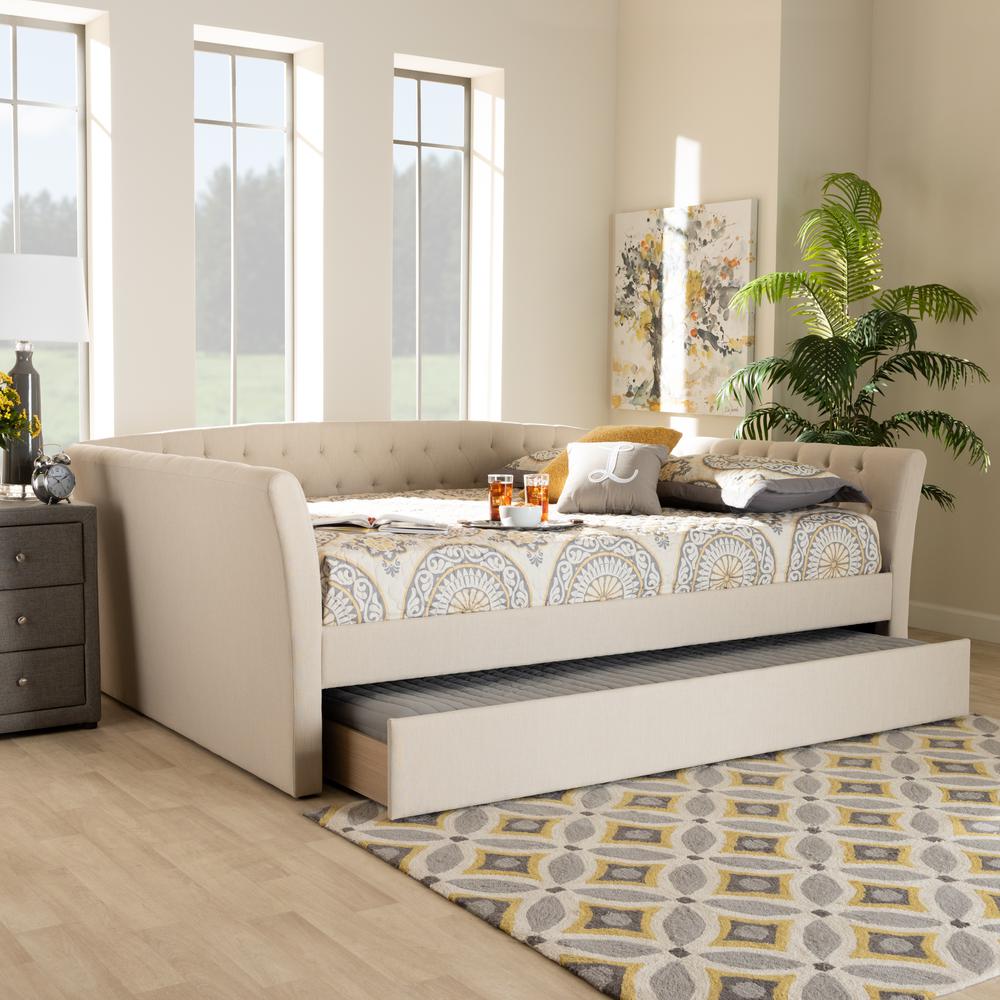 Beige Fabric Upholstered Full Size Daybed with Roll-Out Trundle Bed. Picture 19