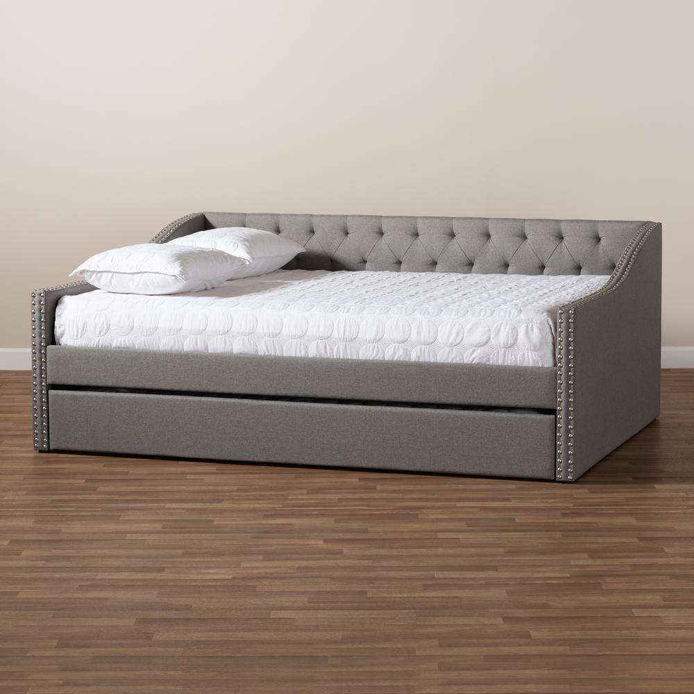 Light Grey Fabric Upholstered Full Size Daybed with Roll-Out Trundle Bed. Picture 22