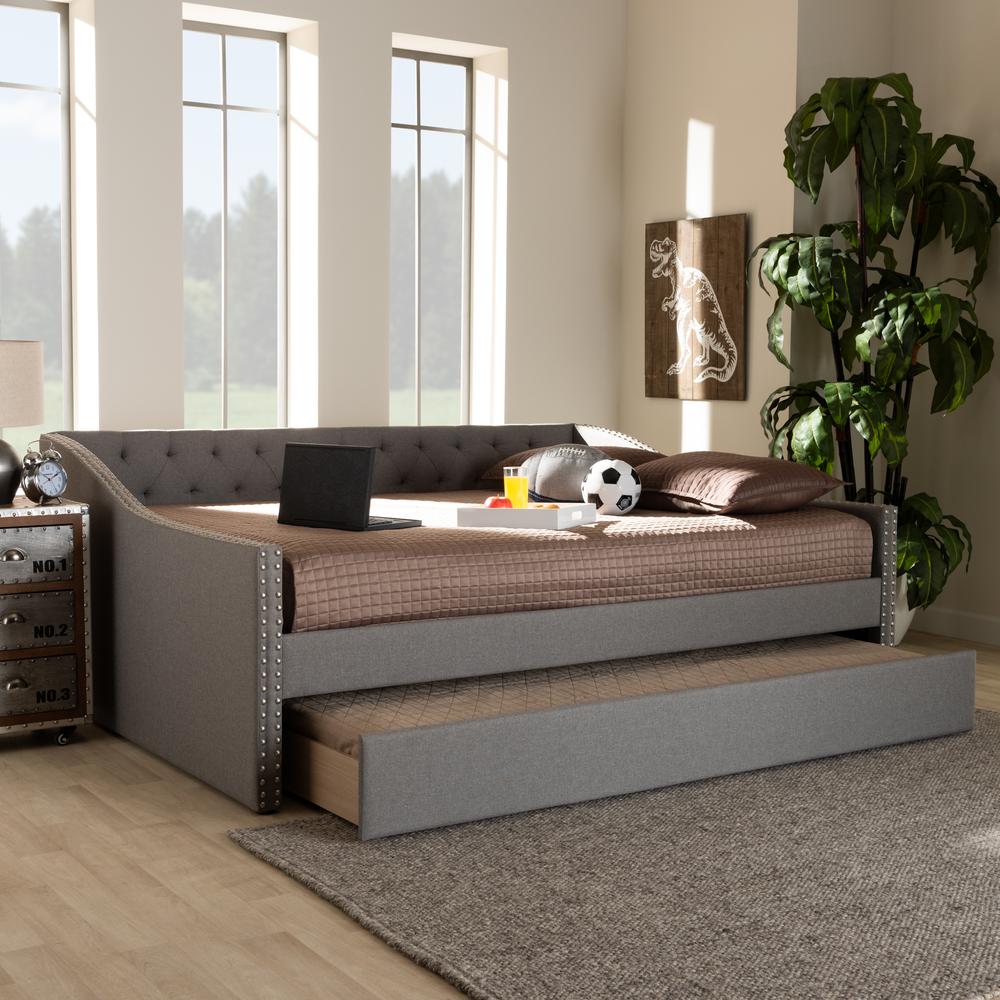 Light Grey Fabric Upholstered Full Size Daybed with Roll-Out Trundle Bed. Picture 21