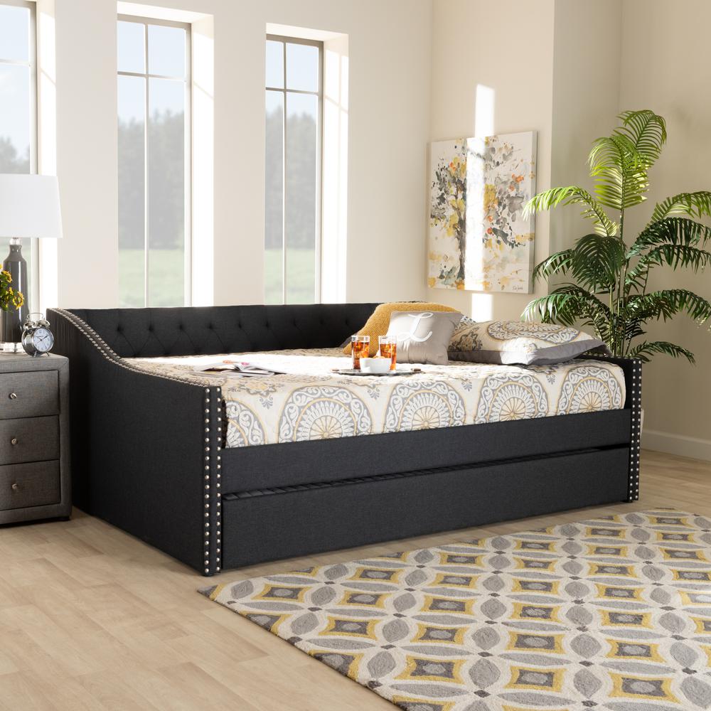 Baxton Studio Haylie Modern and Contemporary Dark Grey Fabric Upholstered Queen Size Daybed with Roll-Out Trundle Bed. Picture 8