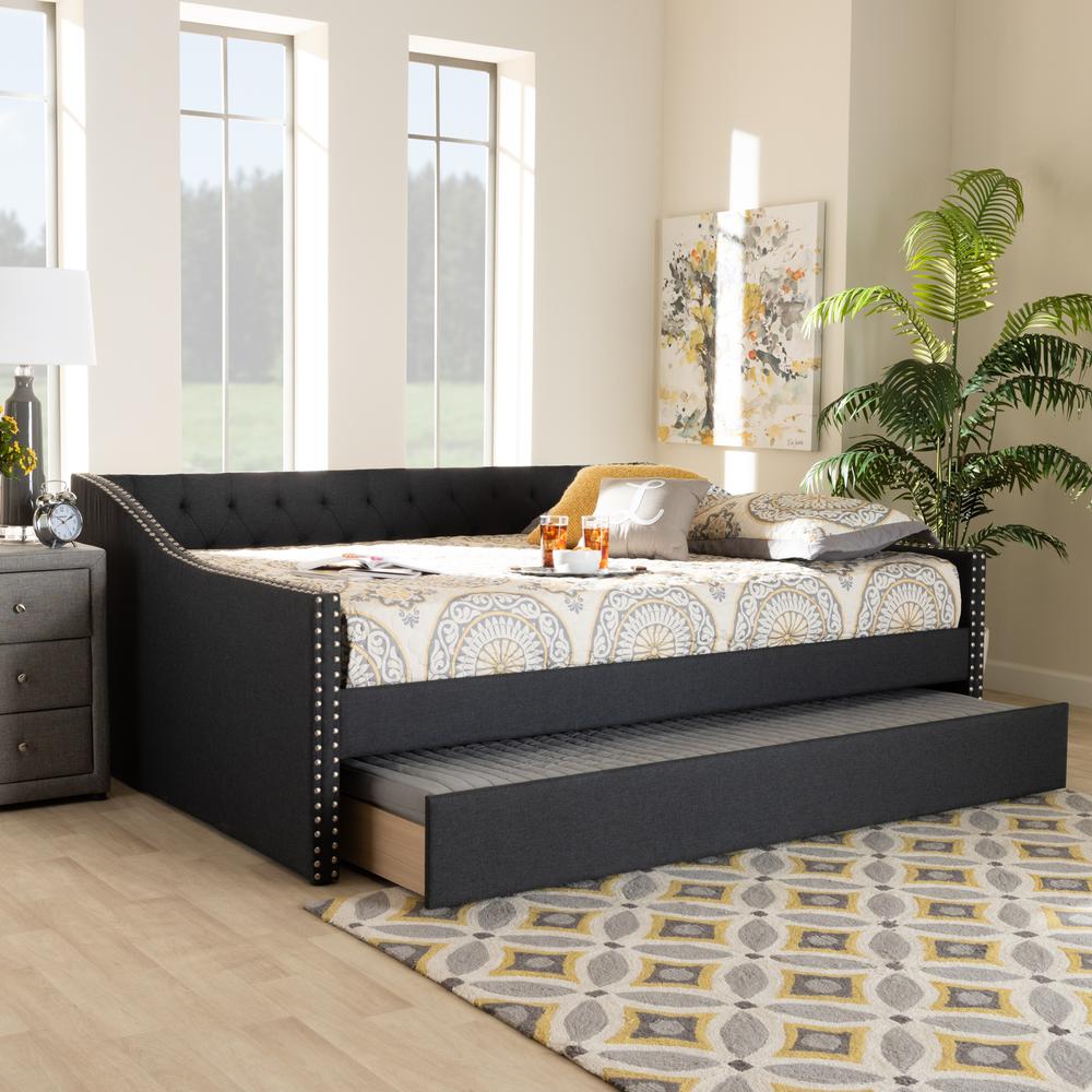 Baxton Studio Haylie Modern and Contemporary Dark Grey Fabric Upholstered Queen Size Daybed with Roll-Out Trundle Bed. Picture 9
