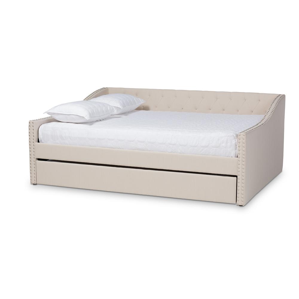 Beige Fabric Upholstered Full Size Daybed with Roll-Out Trundle Bed. Picture 13