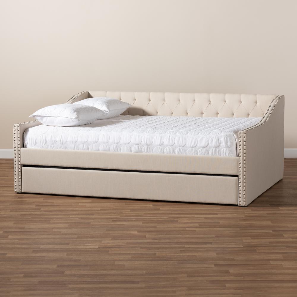 Beige Fabric Upholstered Full Size Daybed with Roll-Out Trundle Bed. Picture 22