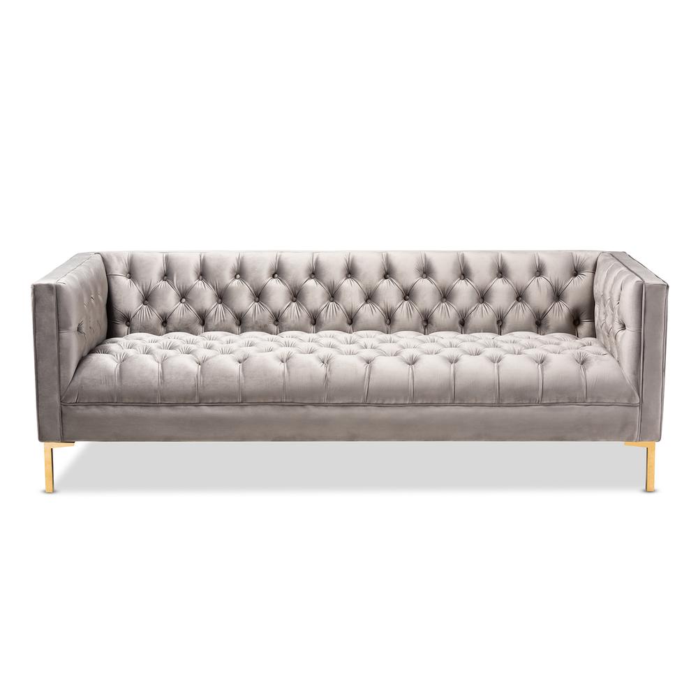 Baxton Studio Zanetta Glam and Luxe Gray Velvet Upholstered Gold Finished Sofa. Picture 11
