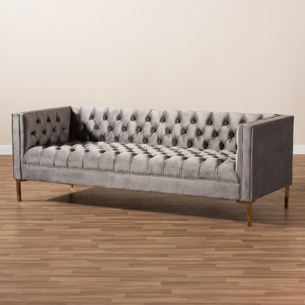 Baxton Studio Zanetta Glam and Luxe Gray Velvet Upholstered Gold Finished Sofa. Picture 17