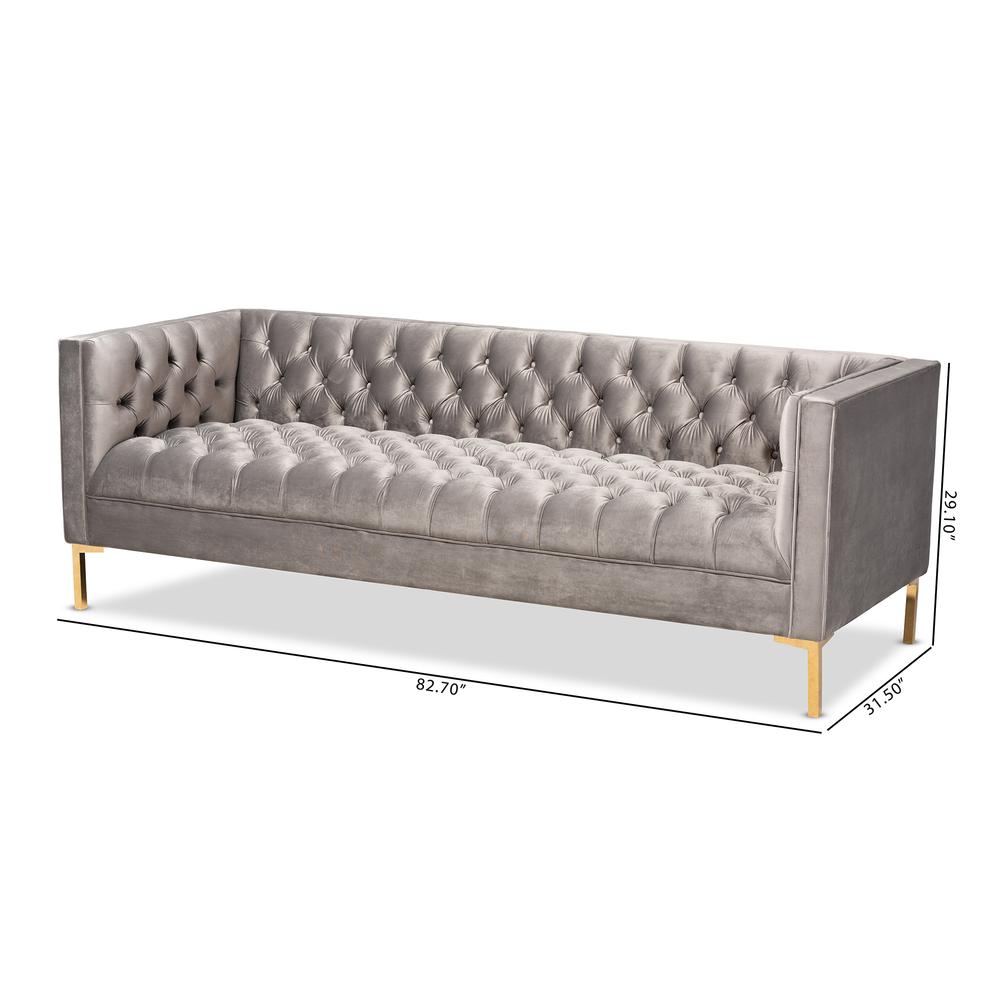 Baxton Studio Zanetta Glam and Luxe Gray Velvet Upholstered Gold Finished Sofa. Picture 18