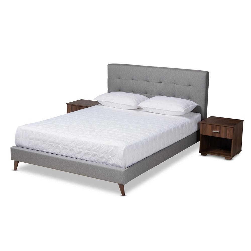 Baxton Studio Maren Mid-Century Modern Light Grey Fabric Upholstered Queen Size Platform Bed with Two Nightstands. Picture 2