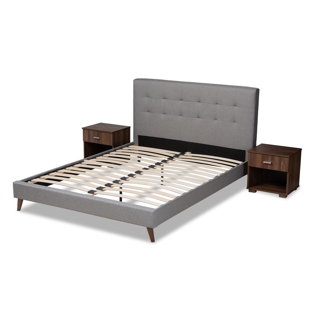 Baxton Studio Maren Mid-Century Modern Light Grey Fabric Upholstered Queen Size Platform Bed with Two Nightstands. Picture 4