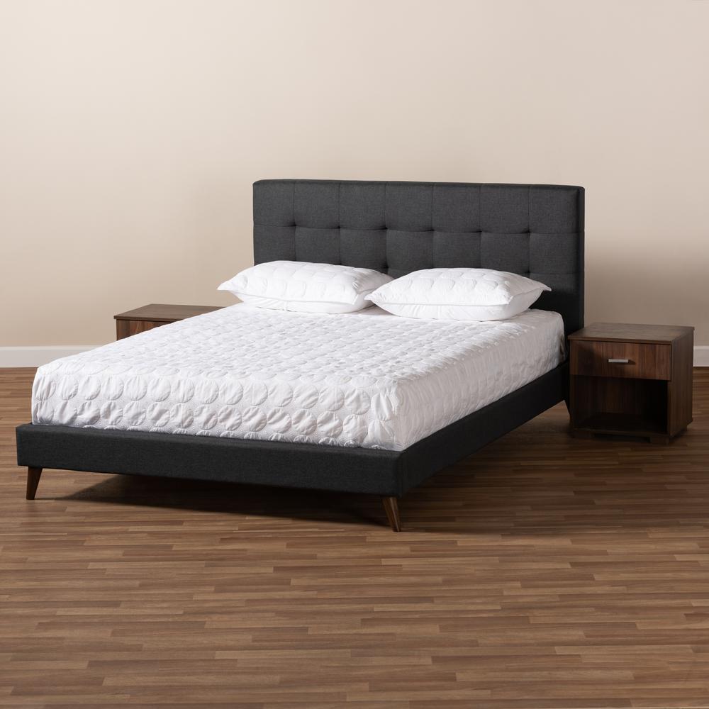 Baxton Studio Maren Mid-Century Modern Dark Grey Fabric Upholstered Queen Size Platform Bed with Two Nightstands. Picture 10