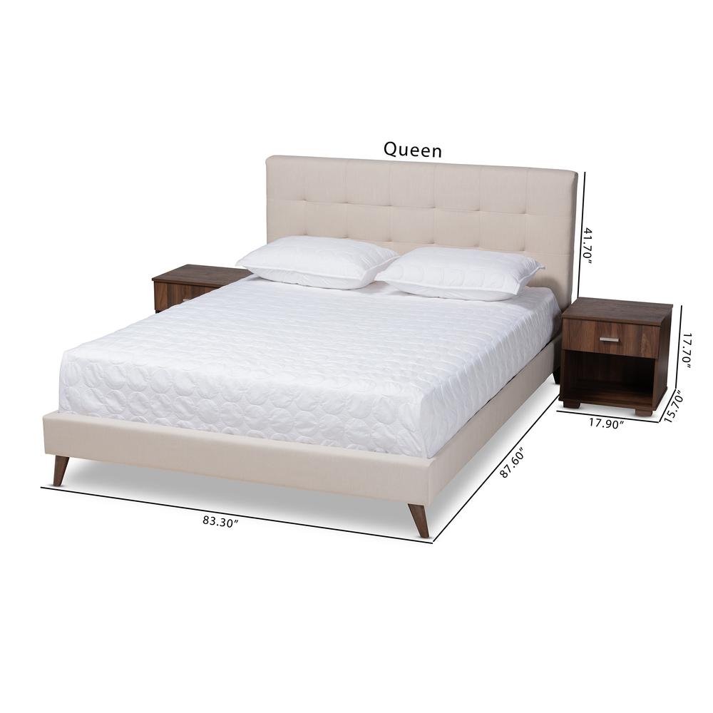Baxton Studio Maren Mid-Century Modern Beige Fabric Upholstered Queen Size Platform Bed with Two Nightstands. Picture 12