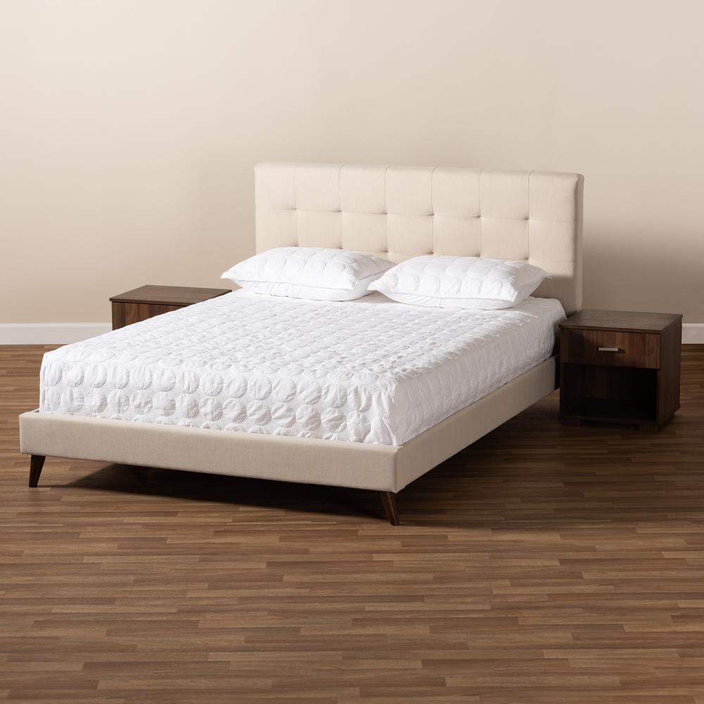 Baxton Studio Maren Mid-Century Modern Beige Fabric Upholstered Queen Size Platform Bed with Two Nightstands. Picture 10