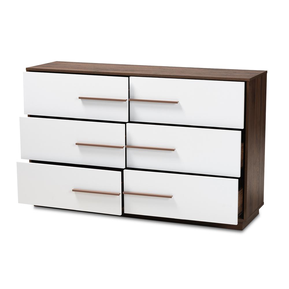 Mette Mid-Century Modern White and Walnut Finished 6-Drawer Wood Dresser. Picture 10