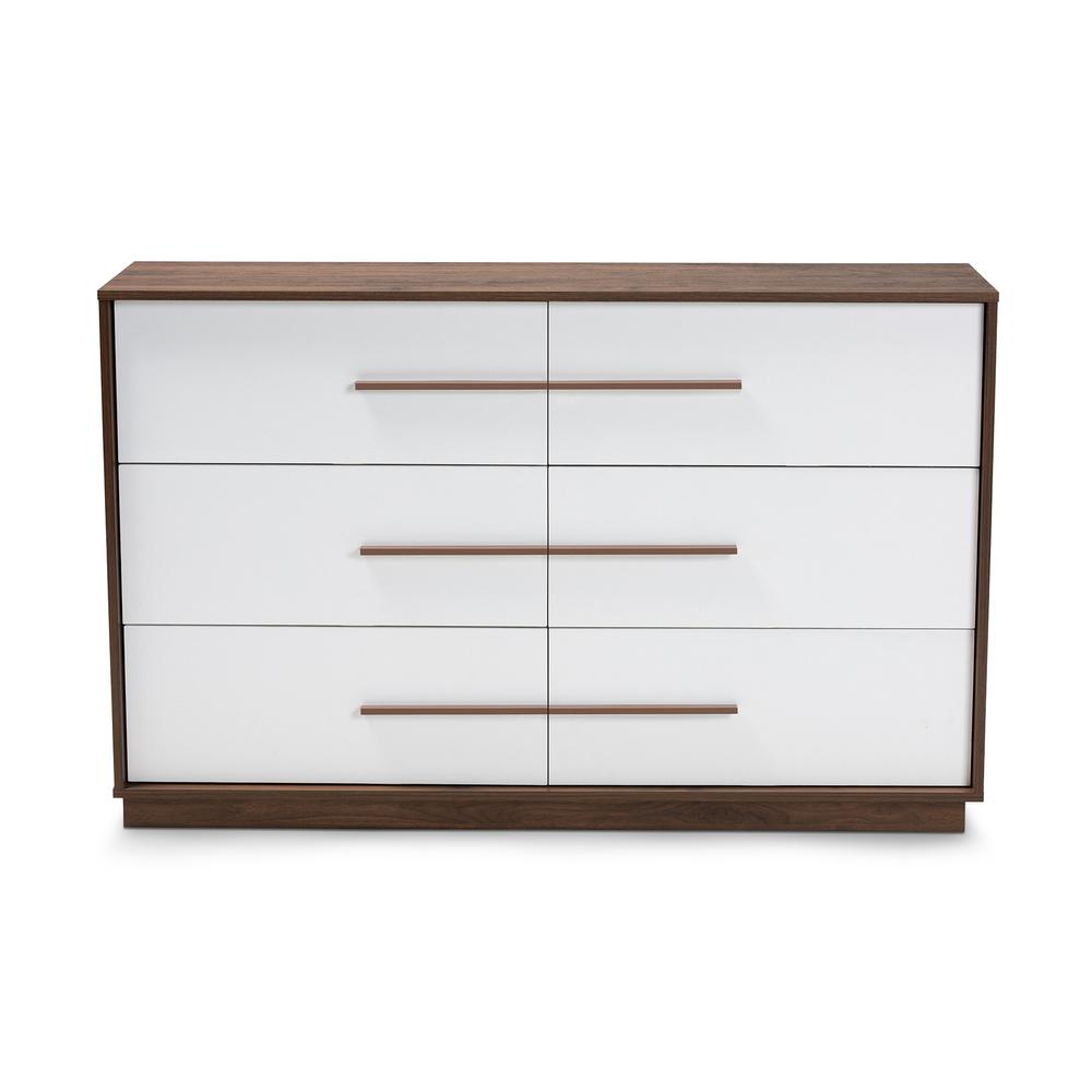 Mette Mid-Century Modern White and Walnut Finished 6-Drawer Wood Dresser. Picture 11