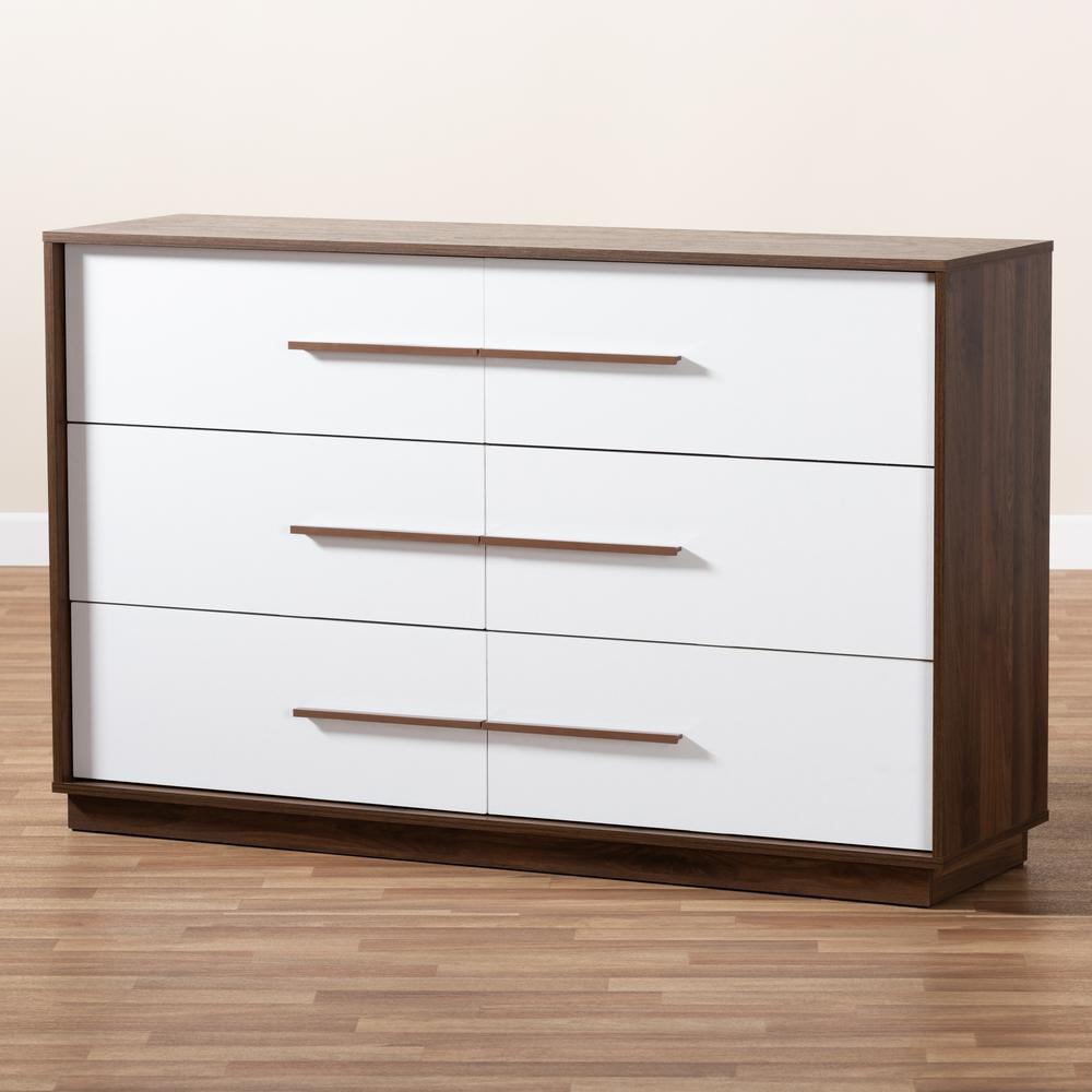 Mette Mid-Century Modern White and Walnut Finished 6-Drawer Wood Dresser. Picture 9