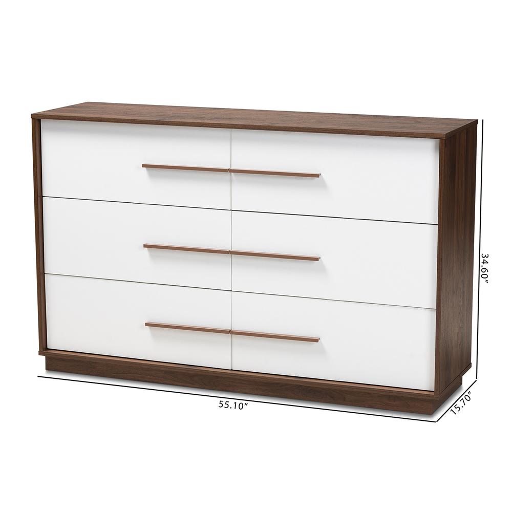Mette Mid-Century Modern White and Walnut Finished 6-Drawer Wood Dresser. Picture 16