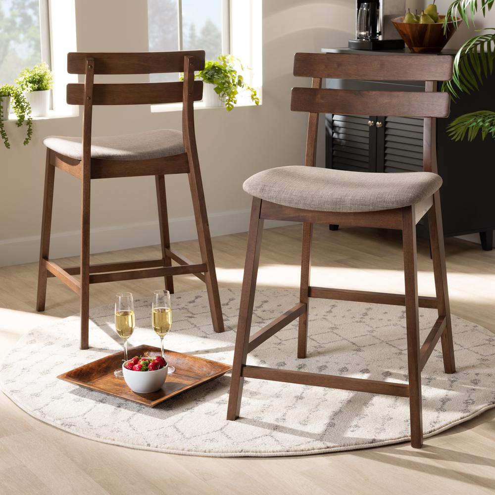 Baxton Studio Larine Modern and Contemporary Light Grey Fabric Upholstered Walnut Finished 2-Piece Wood Counter Stool Set. Picture 8