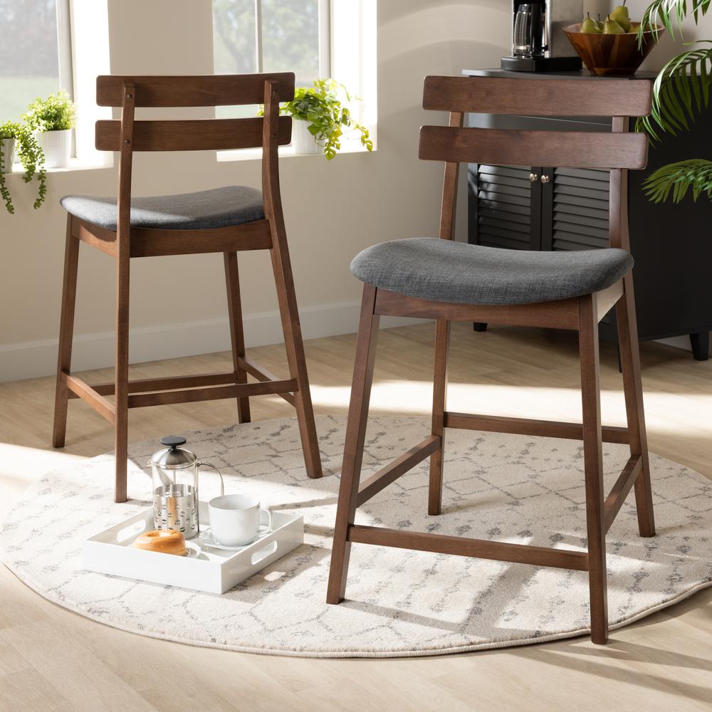 Baxton Studio Larine Modern and Contemporary Dark Grey Fabric Upholstered Walnut Finished 2-Piece Wood Counter Stool Set. Picture 8