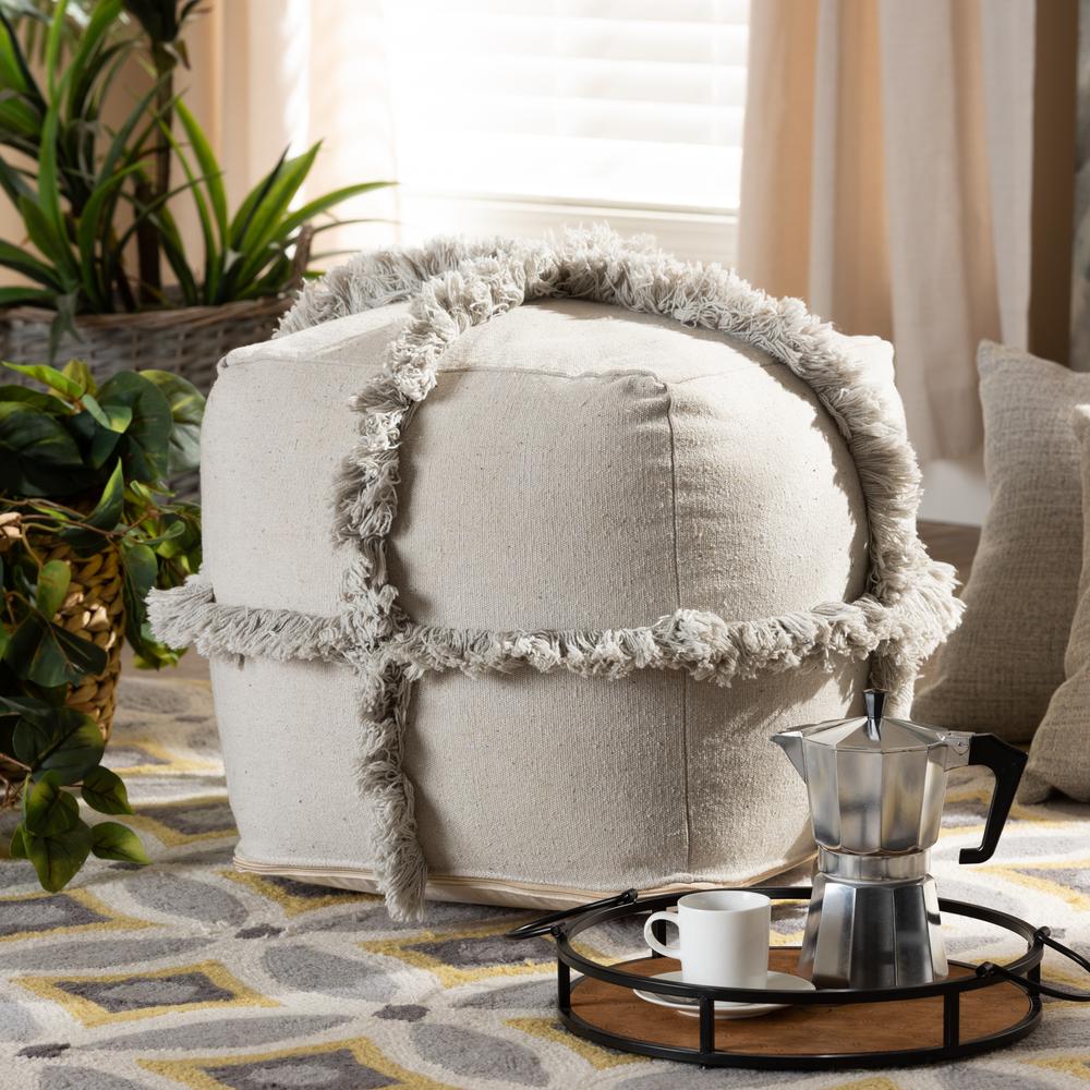 Baxton Studio Alfro Moroccan Inspired Grey Handwoven Cotton Fringe Pouf Ottoman. Picture 10